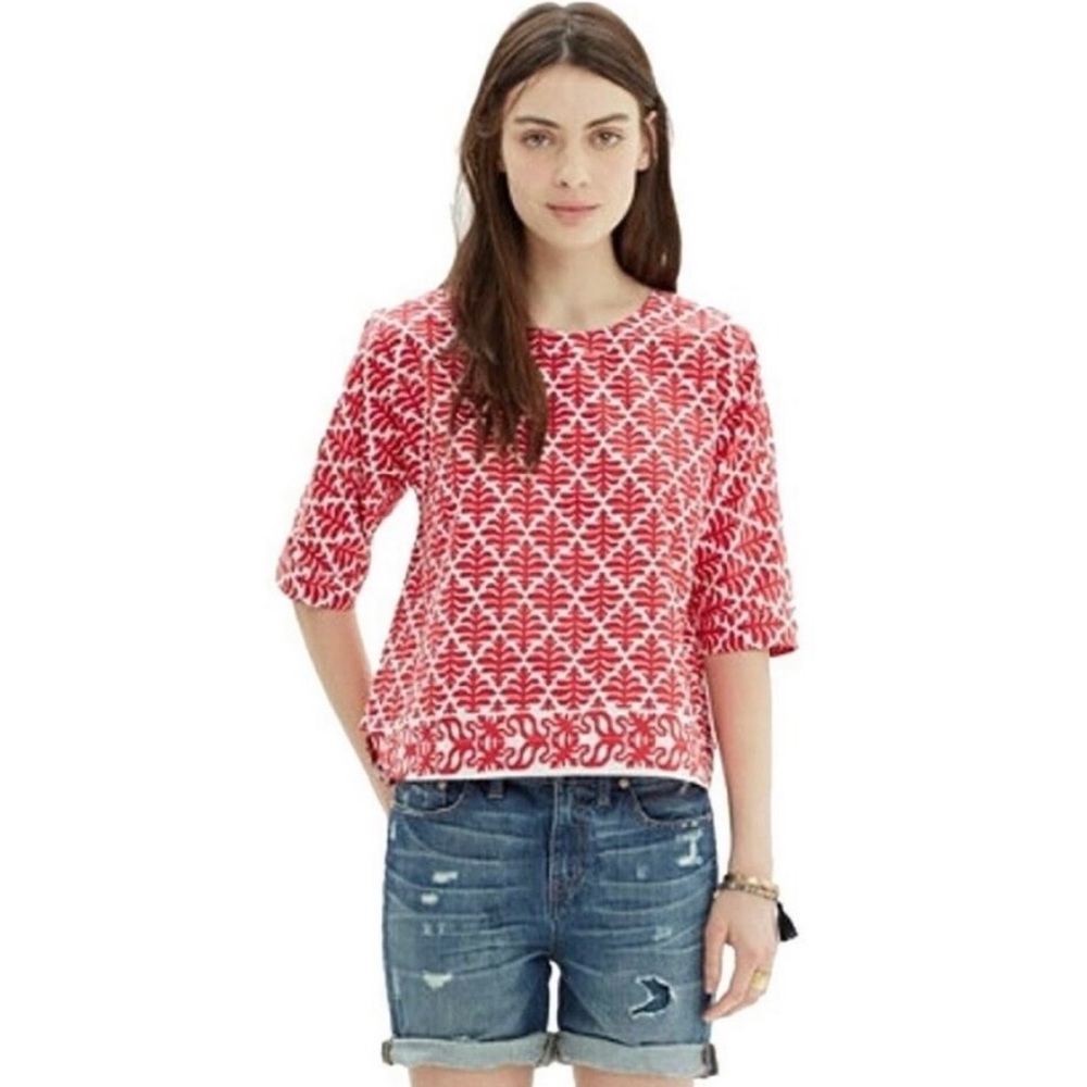 Madewell Red Ikat Bloom Short Sleeve Top Blouse XXS